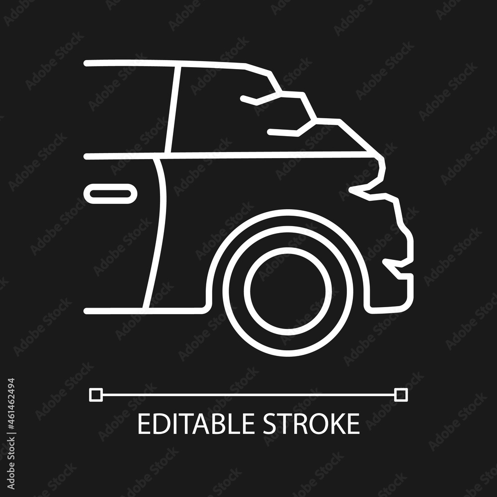 Broken boot white linear icon for dark theme. Bumping vehicle from behind. Rear-end collision. Thin line customizable illustration. Isolated vector contour symbol for night mode. Editable stroke Broken boot white linear icon for dark theme. Bumping vehicle from behind. Rear-end collision. Thin line customizable illustration. Isolated vector contour symbol for night mode. Editable stroke