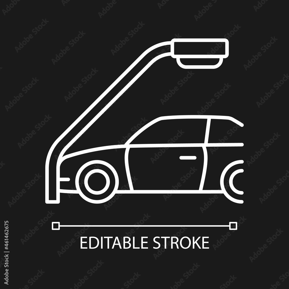Single-vehicle collision white linear icon for dark theme. Colliding with lamppost. Head-on crash. Thin line customizable illustration. Isolated vector contour symbol for night mode. Editable stroke Single-vehicle collision white linear icon for dark theme. Colliding with lamppost. Head-on crash. Thin line customizable illustration. Isolated vector contour symbol for night mode. Editable stroke