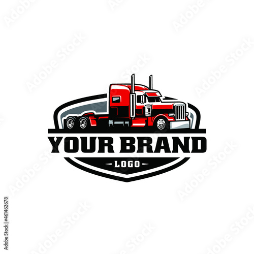 Trucking company badge logo, semi truck logo, 18 wheeler ready made logo template set vector isolated