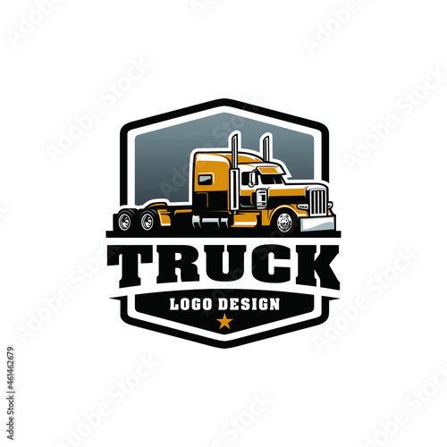 Trucking company badge logo, semi truck logo, 18 wheeler ready made logo template set vector isolated