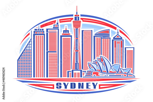Vector illustration of Sydney, horizontal poster with linear design oceania sydney city scape on day sky background, urban line art concept with decorative letters for word sydney on white background.