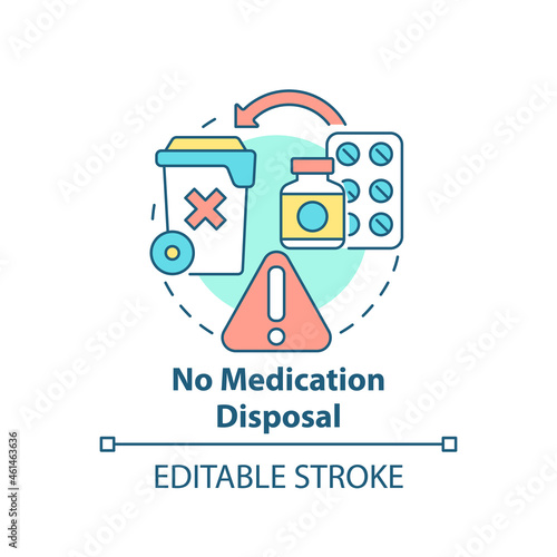 No medication disposal concept icon. Waste management abstract idea thin line illustration. Pharmaceutical garbage disposal. Hazardous trash. Vector isolated outline color drawing. Editable stroke