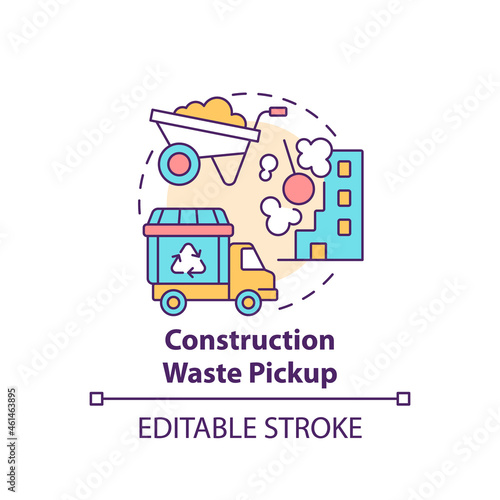 Construction waste pickup concept icon. Waste management abstract idea thin line illustration. Demolition rubbish collection and recycle. Vector isolated outline color drawing. Editable stroke