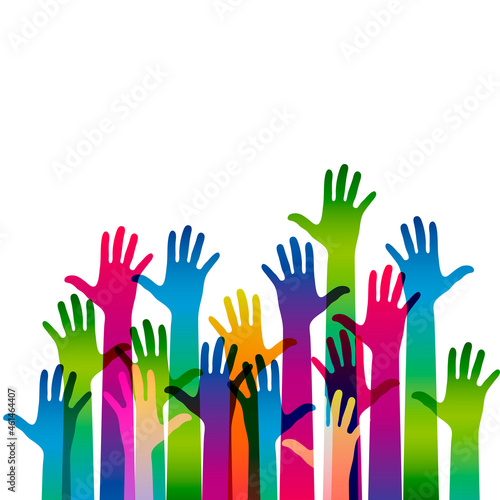 Hands on a light background. Colorful silhouettes arms.  Vector team, help, friendship symbol illustration.