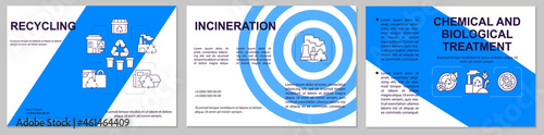 Waste disposal methods blue brochure template. Garbage processing. Flyer, booklet, leaflet print, cover design with linear icons. Vector layouts for presentation, annual reports, advertisement pages