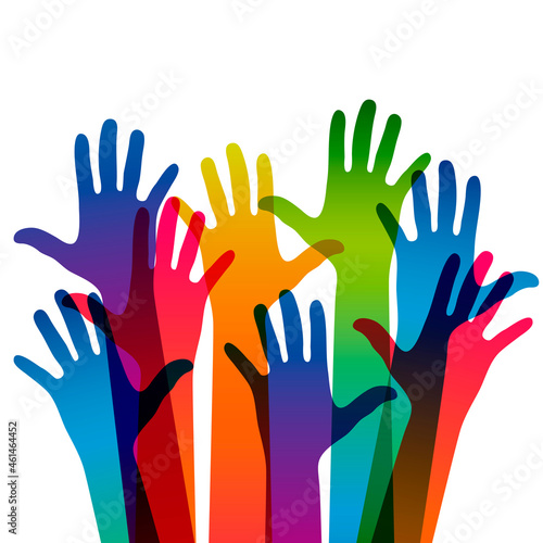Hands on a light background. Colorful silhouettes arms.  Vector team, help, friendship symbol illustration.