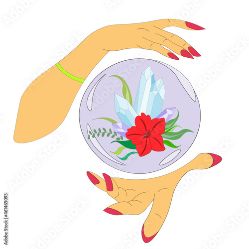 Magical, Witchcraft, Crystal Ball with stones and a red Flower in the hands of fortune teller, Witch with predictions and Positive statements, healing hands. Vector Cartoon Illustration