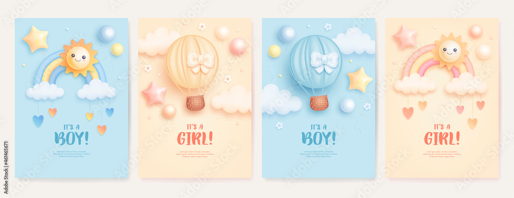 Set of baby shower invitation with cartoon hot air balloon, rainbow, sun, balloons and flowers on blue and pink background. It's a boy. It's a girl. Vector illustration