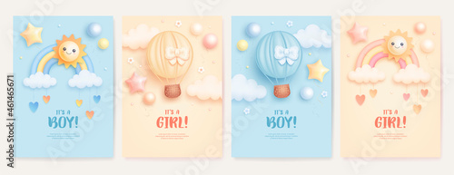 Set of baby shower invitation with cartoon hot air balloon, rainbow, sun, balloons and flowers on blue and pink background. It's a boy. It's a girl. Vector illustration
