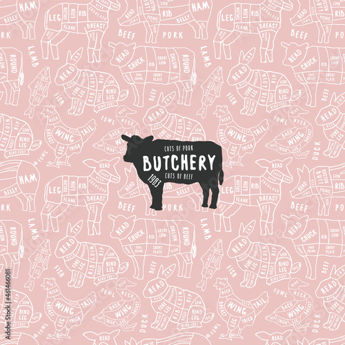 Seamless pattern and emblem in the style of handmade graphics for butchery