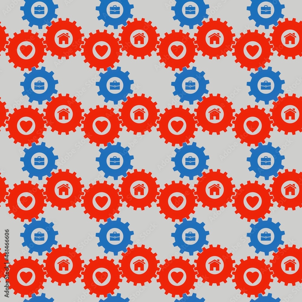 Seamless pattern texture with blue and red gears with icons of hearts that represent family or love, houses that represent homes and briefcase that represent work. Seamless pattern texture with blue and red gears with icons of hearts that represent family or love, houses that represent homes and briefcase that represent work.
