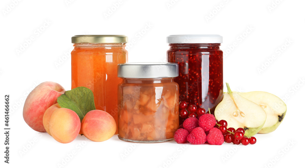 Jars with different jams and fresh fruits on white background Jars with different jams and fresh fruits on white background