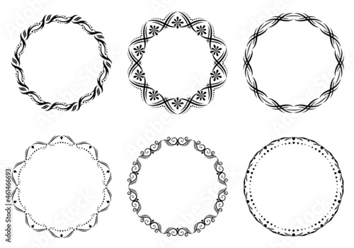 Set of decorative frames. Geometric ornaments. Round borders made of lines and decorative elements. Circle pattern. Design background for invitations and holiday cards.