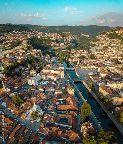 Aerial view of downtown Sarajevo, city hall and river Miljacka