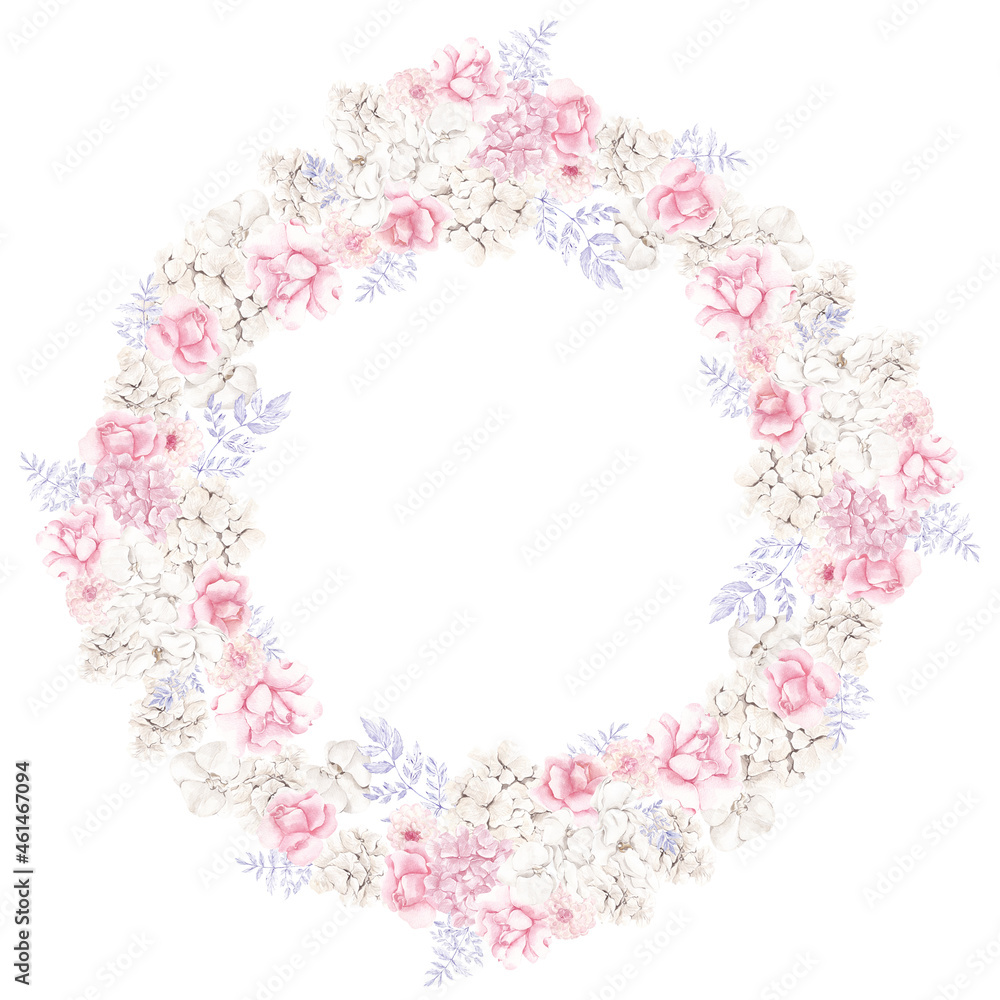 Wreath with watercolor hand draw pastel flowers and leaves, isolated on white background Wreath with watercolor hand draw pastel flowers and leaves, isolated on white background
