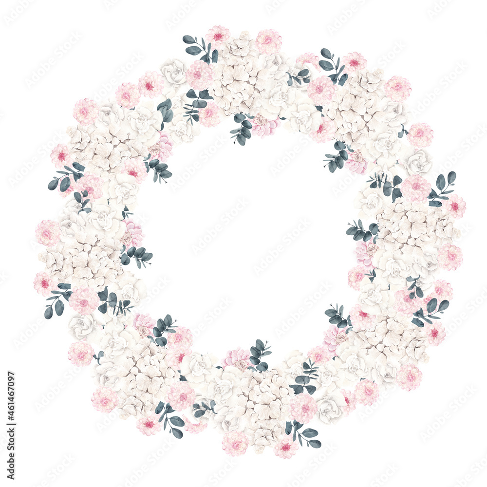 Wreath with watercolor hand draw pastel flowers and leaves, isolated on white background