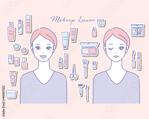 スキンケアアイテムと女性のイラストセット