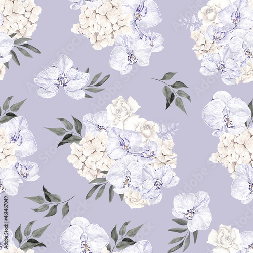 Watercolor Seamless pattern with pastel flowers and leaves  isolated on colored background