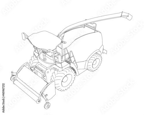 Combine harvester contour from black lines isolated on white background. Isometric view. 3D. Vector illustration