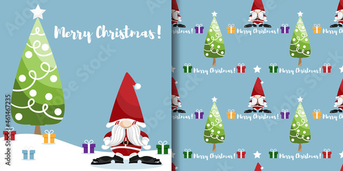 Christmas holiday season banner with Merry Christmas text and seamless pattern of Santa Claus with Christmas tree and gift box on snow floor on light blue background. Vector illustration.