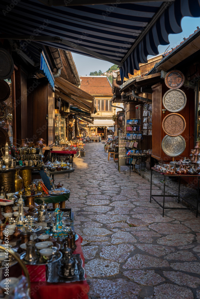 Sarajevo street filled with numerous souvenirs and decorations