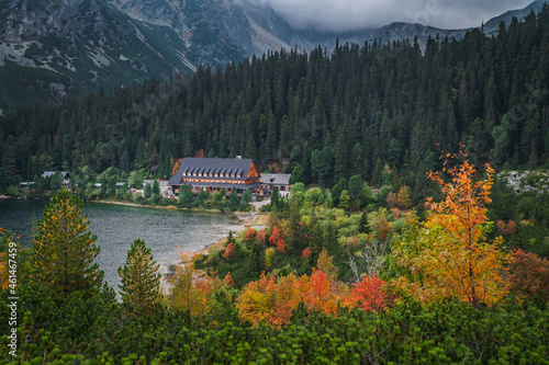 Autumn by lake in High Tatras, Turistic and Hiking photo. Colorful Scenery. Edit space. Popradske lake