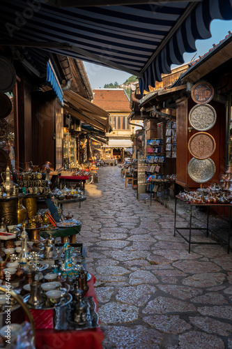 Sarajevo street filled with numerous souvenirs and decorations