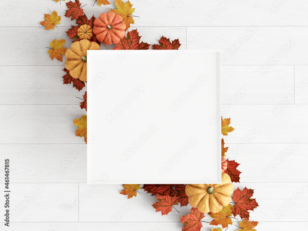 Obraz premium fall frame mockup, autumn background with leaves, 3d render