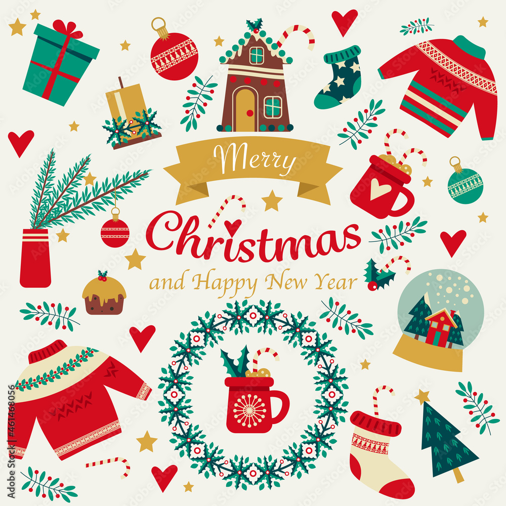 Set of Christmas elements with text. Cute vector illustration in flat style. Christmas template. Set of Christmas elements with text. Cute vector illustration in flat style. Christmas template.
