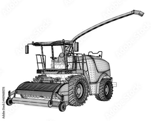 Combine harvester wireframe from black lines isolated on white background. 3D. Vector illustration