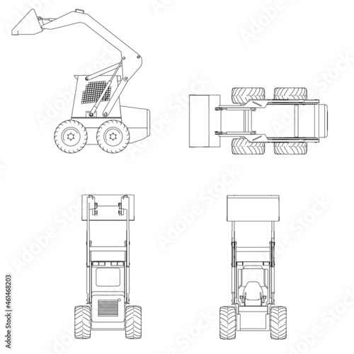 Set with wireframe of a small forklift from black lines isolated on white background. Side, front, back, top view. Vector illustration