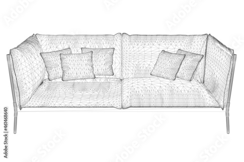 Sofa wireframe with pillows from black lines isolated on white background. 3D. Vector illustration