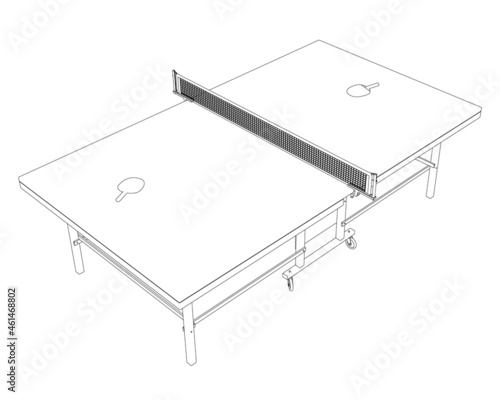 Contour of a tennis table with tennis rackets from black lines isolated on a white background. Vector illustration