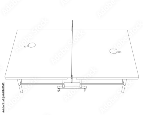 Contour of a tennis table with tennis rackets from black lines isolated on a white background. Vector illustration