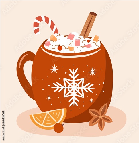 Christmas mug with winter hot drink. Isolated cozy cup with cocoa and marshmellow. Hand drawn flat illustration