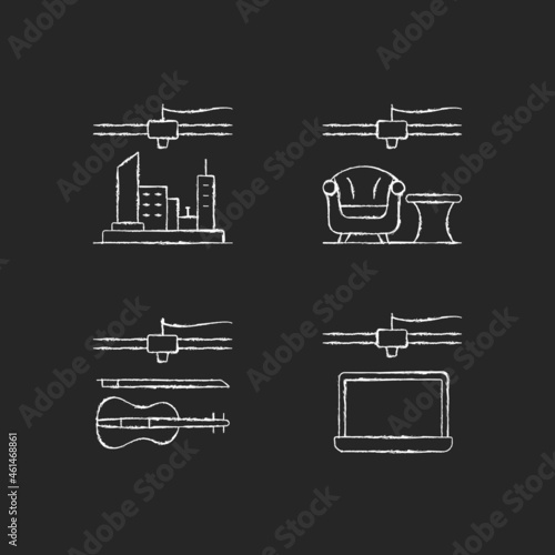 Three dimensional objects production chalk white icons set on dark background. 3d city model. Furniture industry. Electronics fabrication process. Isolated vector chalkboard illustrations on black