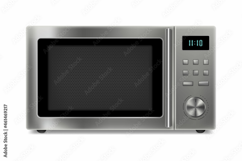 Realistic Microwave Isolated on White Background. Front View of Stainless Steel Over the Range Microwave Oven. Household Kitchen and Domestic Appliances. Home Innovation. Vector 3D Realistic Microwave Isolated on White Background. Front View of Stainless Steel Over the Range Microwave Oven. Household Kitchen and Domestic Appliances. Home Innovation. Vector 3D