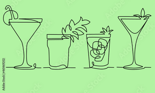 set of cocktails in continuous one line style