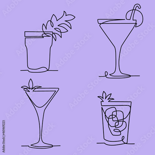 set of cocktails in continuous one line style