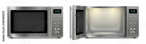 Realistic microwave Isolated on White Background. Open and closed stainless steel microwave oven. Household kitchen and household appliances. Home innovation. Vector 3D