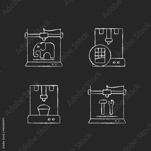 3d printed physical objects chalk white icons set on dark background. Food products manufacturing. 3d toys models for kids. Creating functional tools. Isolated vector chalkboard illustrations on black