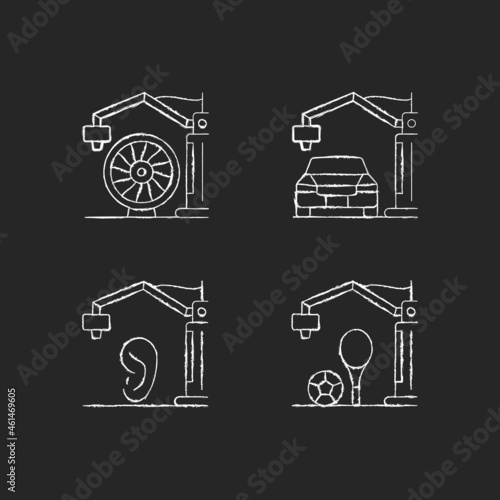 Manufacturing process chalk white icons set on dark background. 3d printed car. Aerospace industry. Artificial human ear. Functional sport equipment. Isolated vector chalkboard illustrations on black