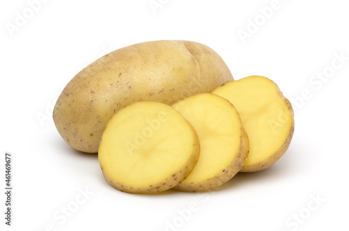 raw potatoes and slices isolated on white background, with clipping path.