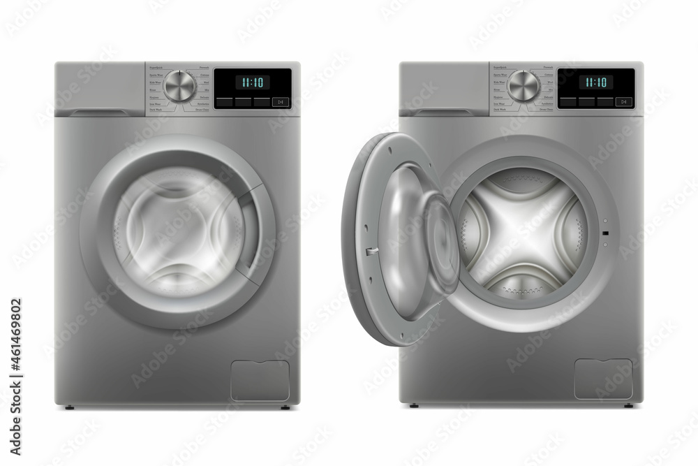 Modern washing machine with opened door and closed door, front view. Design Template of Wacher. Front View, Laundry Concept. 3D realistic vector ilusstration, isolated on white background