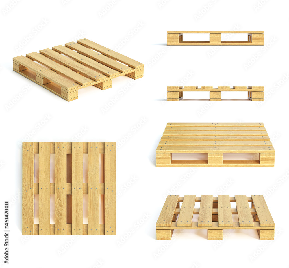 Wooden pallet various views isolated on white background 3d rendering
