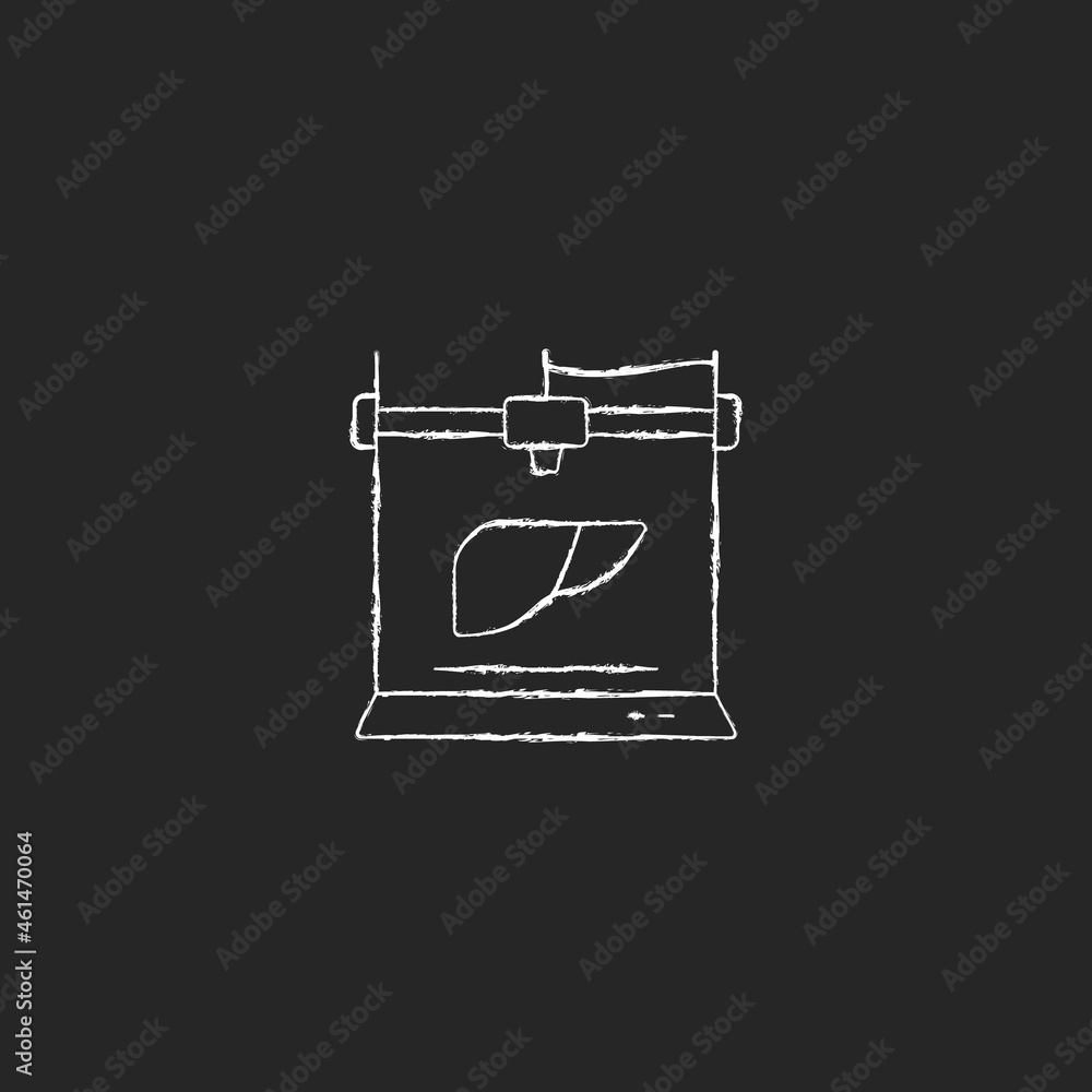 3d printed liver chalk white icon on dark background. Create artificial organ. Innovation in biomedical field. Liver transplantation. Bioprinted organ. Isolated vector chalkboard illustration on black 3d printed liver chalk white icon on dark background. Create artificial organ. Innovation in biomedical field. Liver transplantation. Bioprinted organ. Isolated vector chalkboard illustration on black