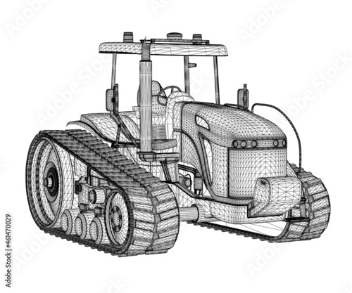 Tractor wireframe on tracks from black lines isolated on white background. 3D. Vector illustration
