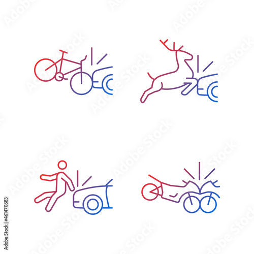 Traffic collision scenarios gradient linear vector icons set. Bicycle crash. Colliding with wildlife. Hitting pedestrian. Thin line contour symbols bundle. Isolated outline illustrations collection