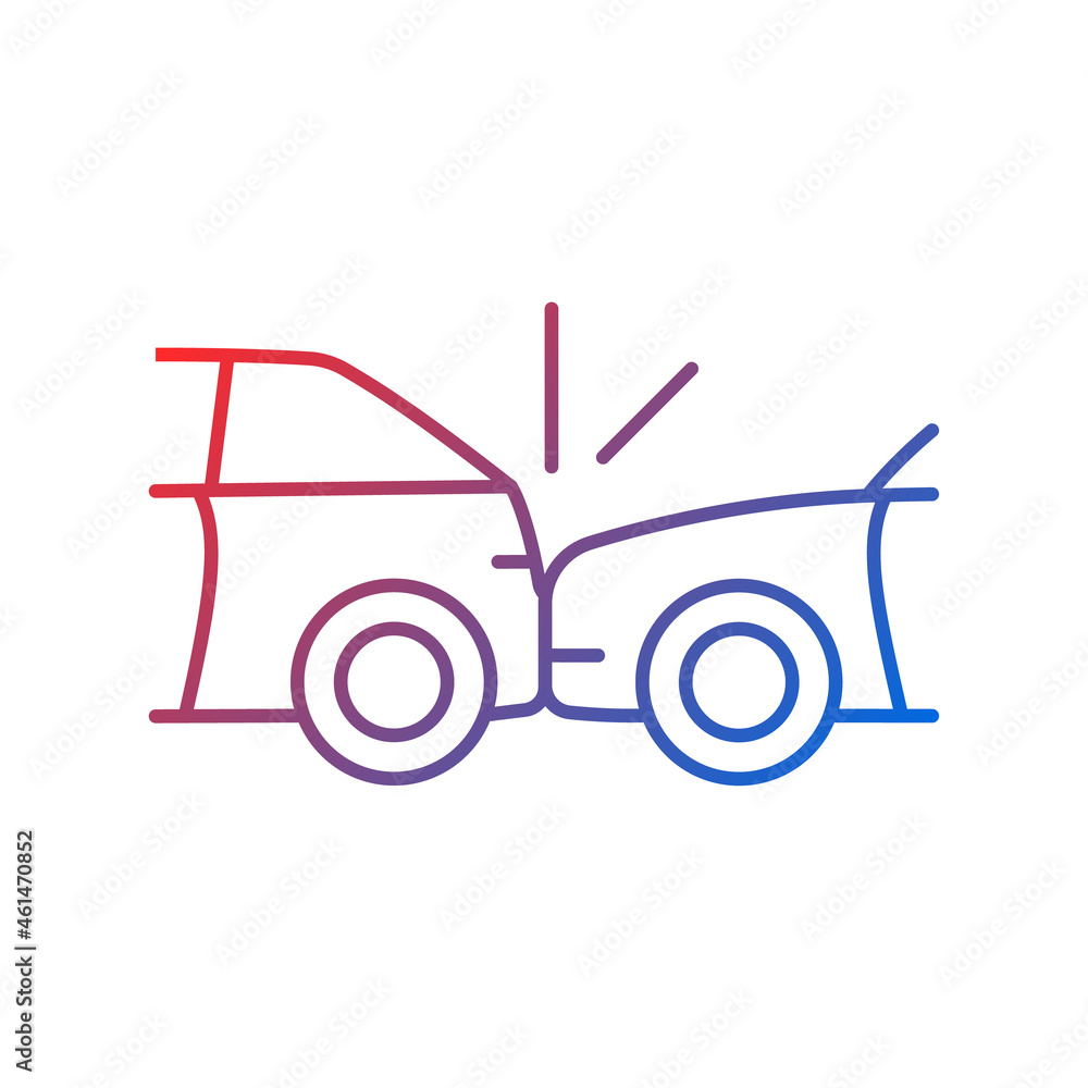 Rear-end collision gradient linear vector icon. Hitting vehicle from behind. Accident in congested traffic. Thin line color symbol. Modern style pictogram. Vector isolated outline drawing Rear-end collision gradient linear vector icon. Hitting vehicle from behind. Accident in congested traffic. Thin line color symbol. Modern style pictogram. Vector isolated outline drawing