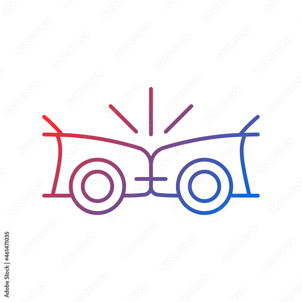 Head-on collision gradient linear vector icon. Frontal crash. Two vehicles collide into one another. Auto accident. Thin line color symbol. Modern style pictogram. Vector isolated outline drawing Head-on collision gradient linear vector icon. Frontal crash. Two vehicles collide into one another. Auto accident. Thin line color symbol. Modern style pictogram. Vector isolated outline drawing